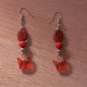 Handmade Red-Orange Beaded Butterfly Earrings 🦋